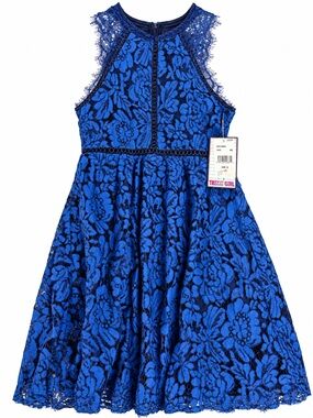 Trixxi Girl Cobalt Blue Navy Floral Lace Fit & Flare Dress Girls Size 12 NWT